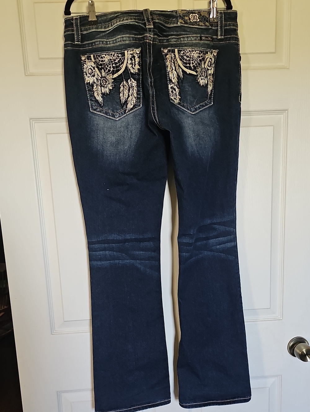 Miss Me Dark Blue Denim Wide Leg Jeans with White Dreamcatcher Embroidery